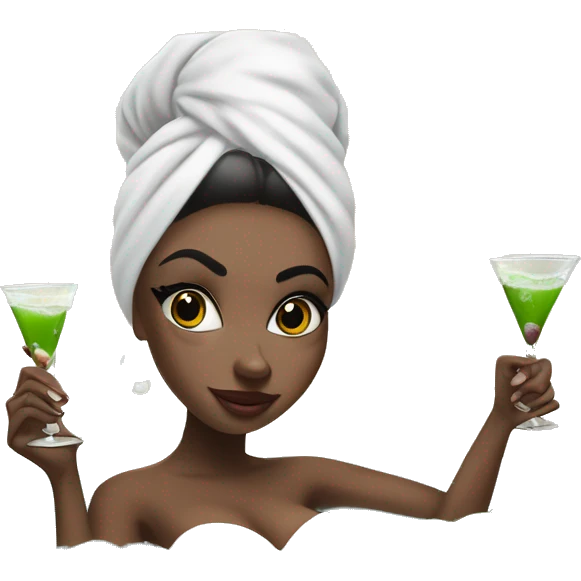 Girl with white towel wrapped around hair and cucumbers on eyes with manicure  holding a martini glass and bottle in black high heels kicking feet out in bubble bathtub  emoji