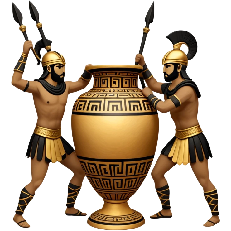 Cinematic-realistic Grecian urn, an exquisite black-figure pottery masterpiece resting in the dim glow of an ancient temple. Intricate golden depictions of two warrior fighting with spears and warriors encircle its curved form, telling timeless myths of heroism and tragedy.  emoji