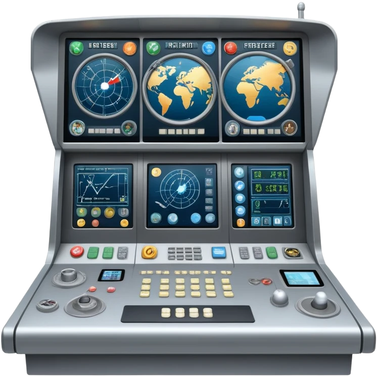mission control console with buttons and screens showing rocket trajectory emoji