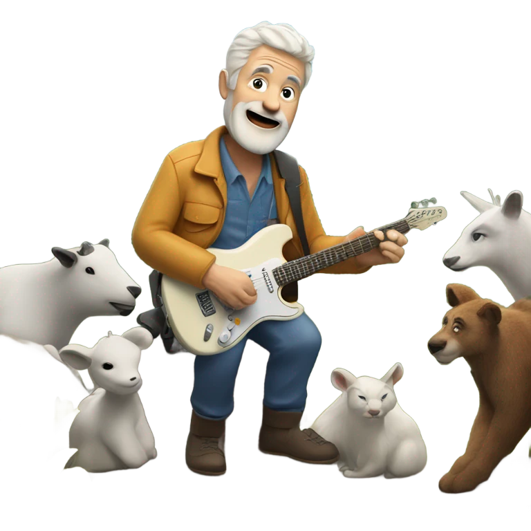 60 year old white man playing electric guitar from a mountain with animals watching emoji