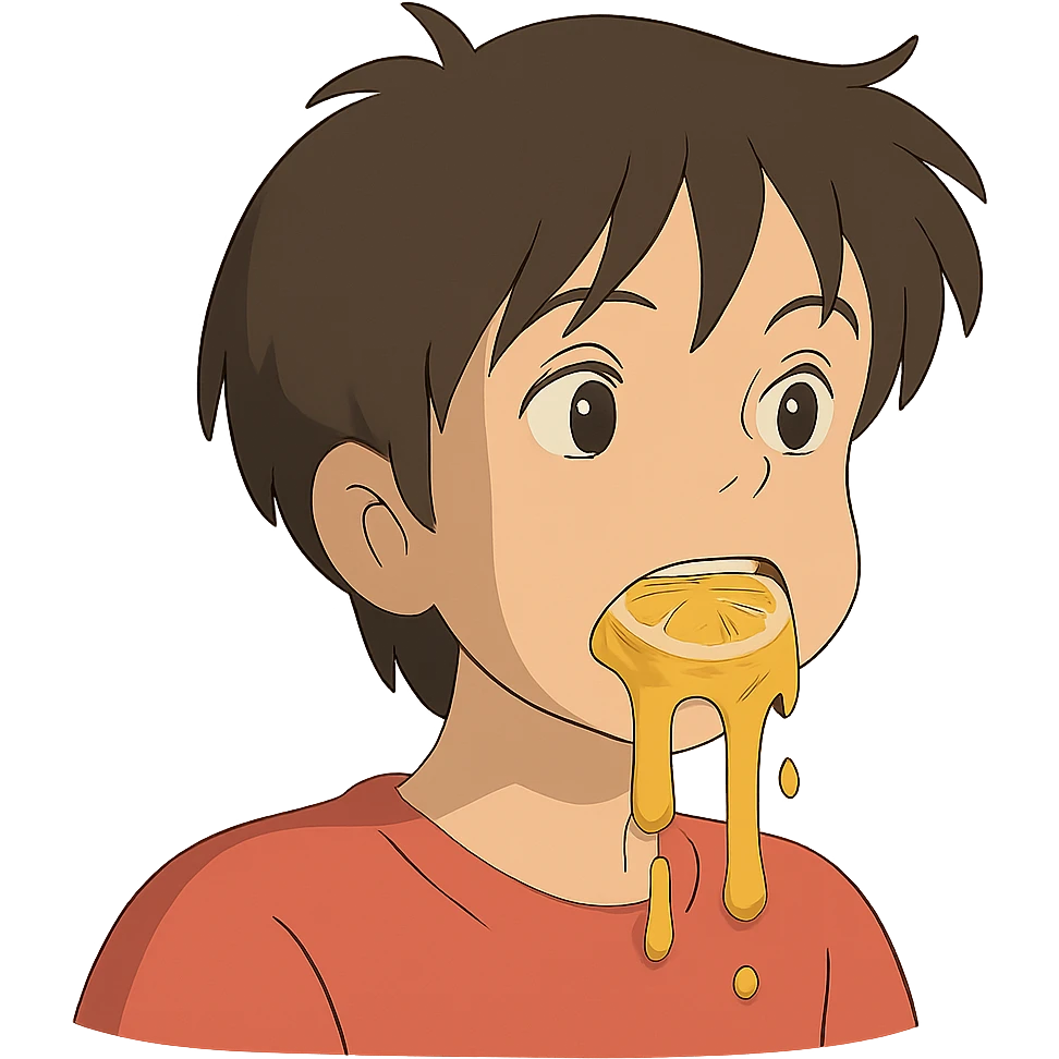 ghibli style face with lemonade dripping out of mouth emoji