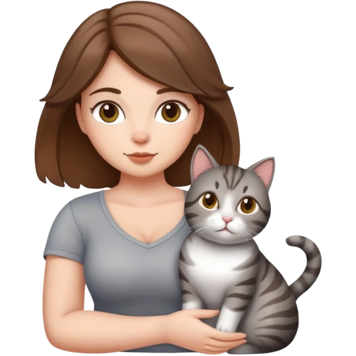Hot curvy girl with super cute cat, she is white with brown hair, the cat is a grey tabby emoji
