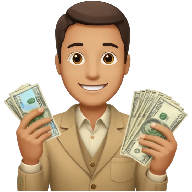 a happy man holding a stack of cash, representing earning $5000 emoji