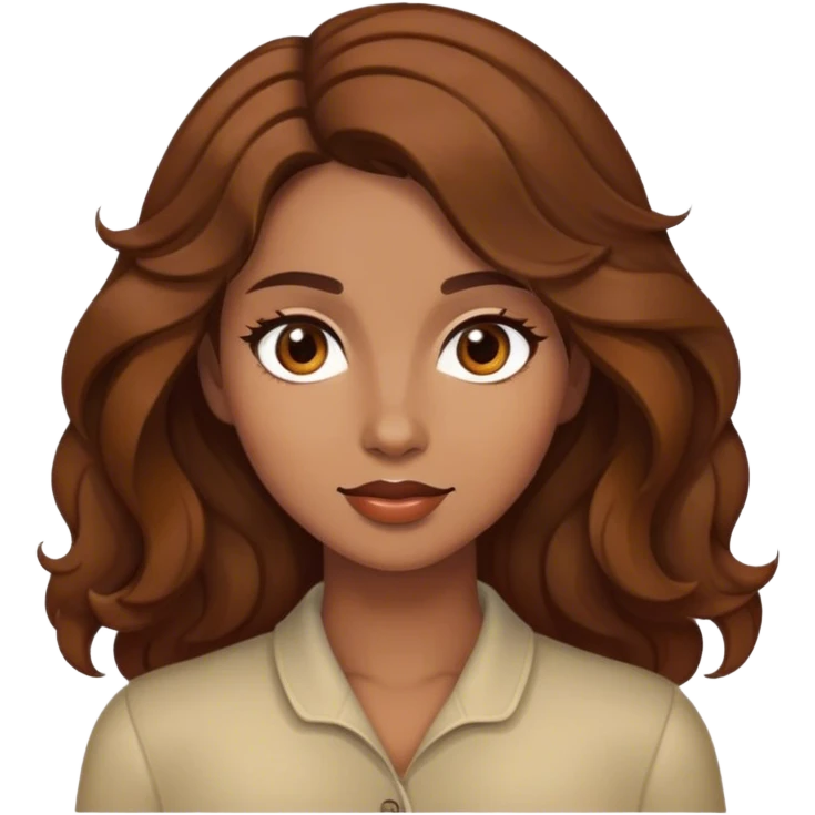 Her deep brown eyes shine with warmth, framed by long, dark lashes that enhance their gentle expression. A soft flush colors her cheeks, complementing her smooth, olive-toned skin. Her full lips curve into a sincere, inviting smile, revealing a hint of dimples. Wavy chestnut hair cascades over her shoulders, catching the light with rich, warm tones. Her well-shaped brows arch naturally, adding to the quiet confidence in her gaze. emoji