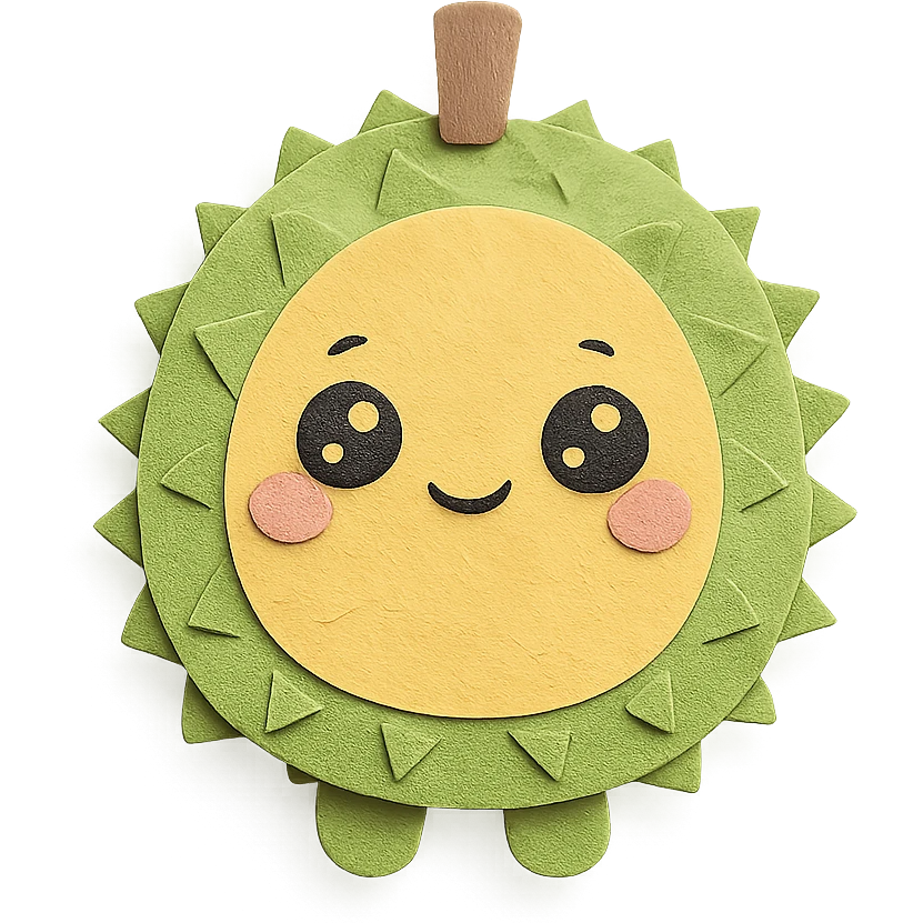 chibi style soft fluffy round durian character with green spiky shell and yellow flesh, blushing and shy with sparkly eyes, pastel tones, full-body emoji
