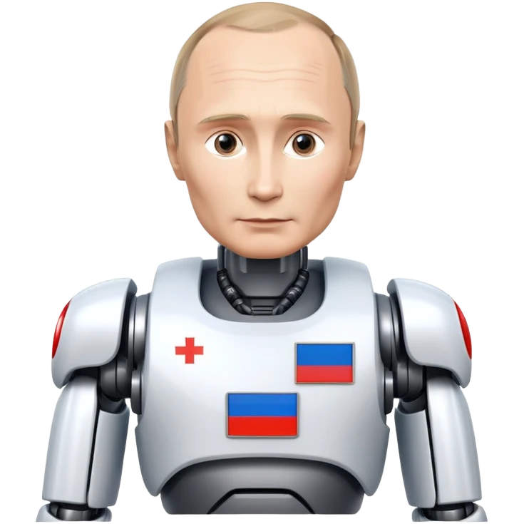Futuristic robot with Vladimir Putin features and Russian flag colors emoji