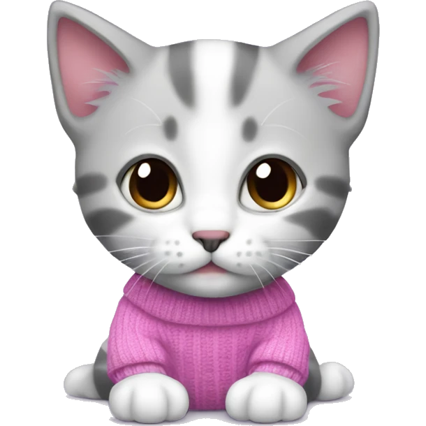 Cute kitten white and grey wearing pink and purle sweater emoji