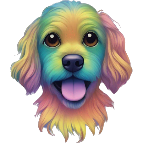 Multicolored rainbow retro groovy hippie trippy floral patterns on a metallic holographic iridescent blue dog face  emoji
