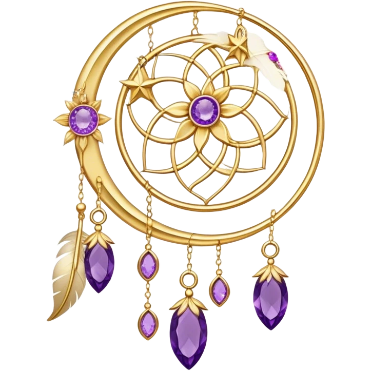 Epic beautiful gorgeous cute gold suncatcher, threads with shiny sparkly amethyst gemstones, flowers, crescents-moons, stars, gold Feathers  emoji