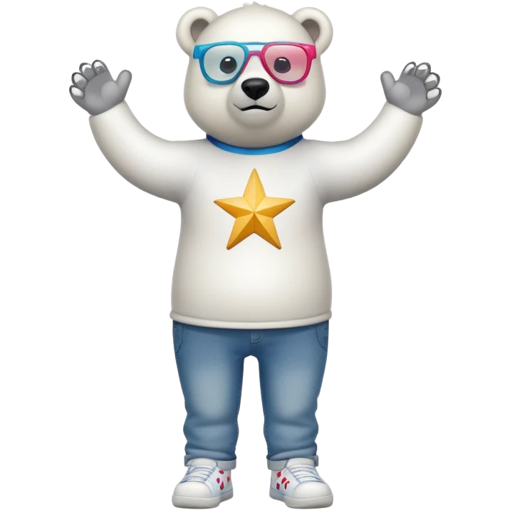 friendly anthropomorphised polar bear standing upright, looking chilled and unbothered, wearing a shirt, jeans, trainers, oversized colorful star glasses emoji