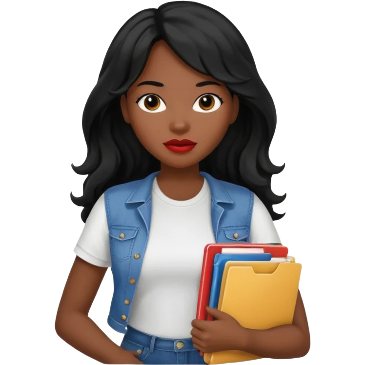 A young woman with long black hair, a wavy frange falling on half of her head. There's a long wavy stretch of hair falling on the side of her head. She's black, medium to dark skinned with thick lips. She's holding folders, and she's a CEO, but she's wearing casual clothes. emoji