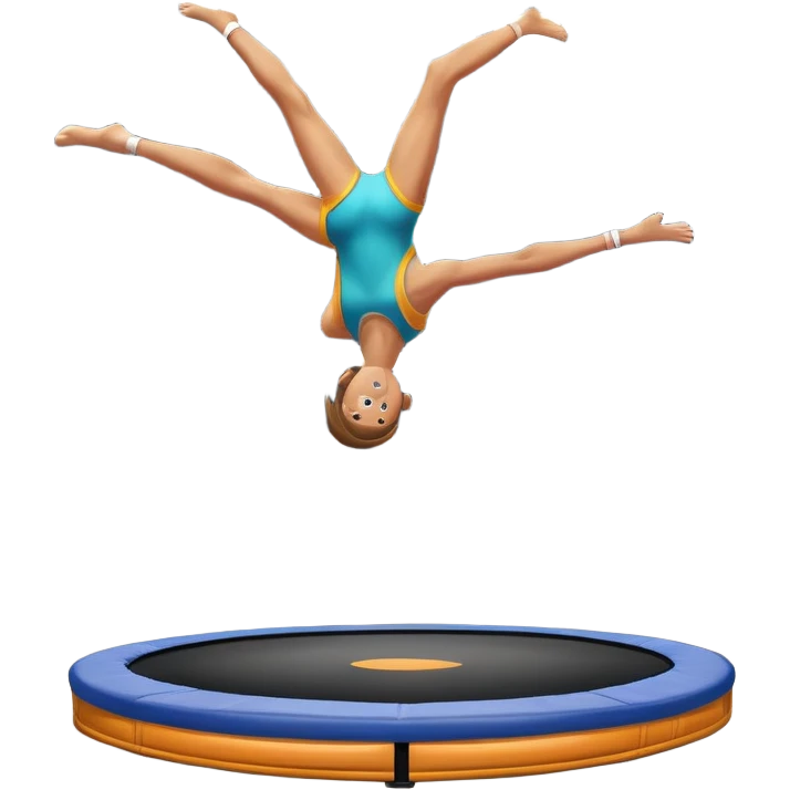 An athletic person soaring high above a trampoline, executing an acrobatic flip with perfect form. The scene captures motion and energy, with a dynamic pose, stretched limbs, and a focused expression. The background suggests a professional trampoline arena with safety padding. emoji