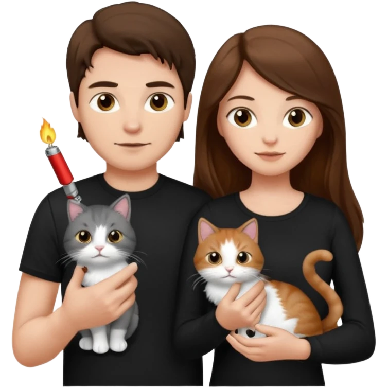 The man is wearing a black shirt and the women is wearing a black top and has longer hair. The cat is lighter  emoji