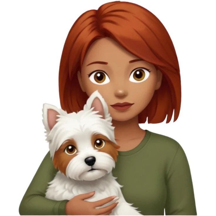 Westhighland white terrier dog being held by woman with dark shoulder length red hair and hazel eye wearing olive green top emoji