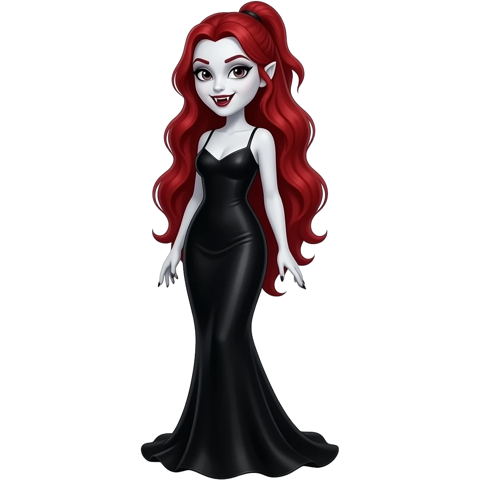 Vampiro femmina  con pelle bianca e capelli rosso ondulati lunghi raccolti in una mezza coda che indossa un vestito  LUNGO fino ai PIEDI nero con i canini che spuntano dalla bocca emoji