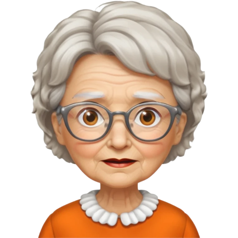 OLD LADY IN KITCHEN OUTFIT ORANGE DRESS, GLASSES. WHITE HAIR , AOROM BUSHY HAIR emoji