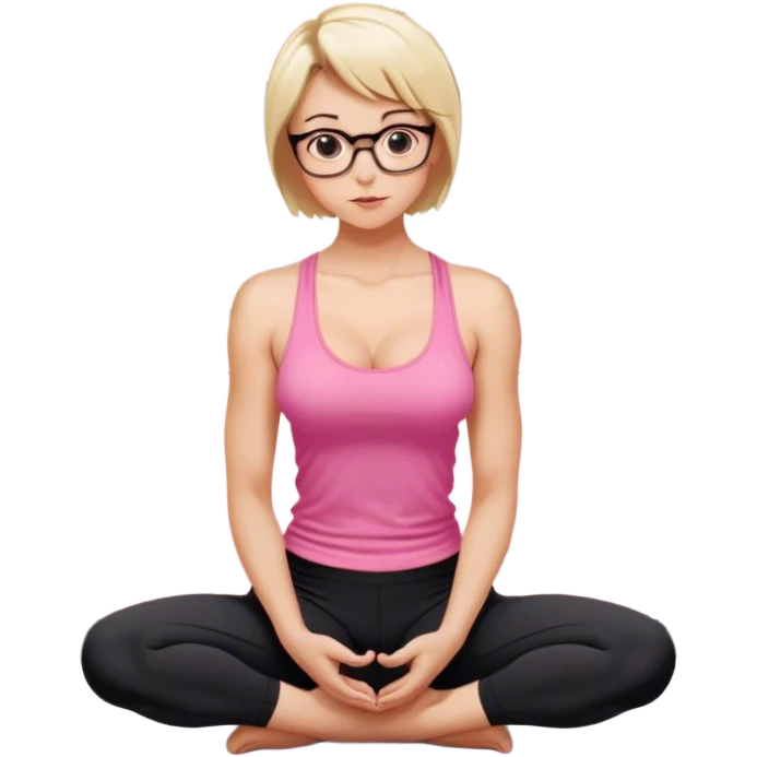 View from knees up, view from quarter angle, fair skinned woman, thick milf, short blond hair, small reading glasses, squatting down in kitchen, pink loose tank top, showing natural B cup breast shape SFW, black yoga pants, large curvy booty emoji