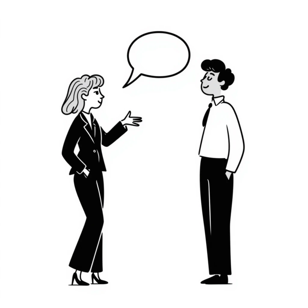 A blonde woman in a black suit talking to a brown-haired man in a white t-shirt. The woman has a speech bubble above her head. The woman is talking and the man is smiling. emoji