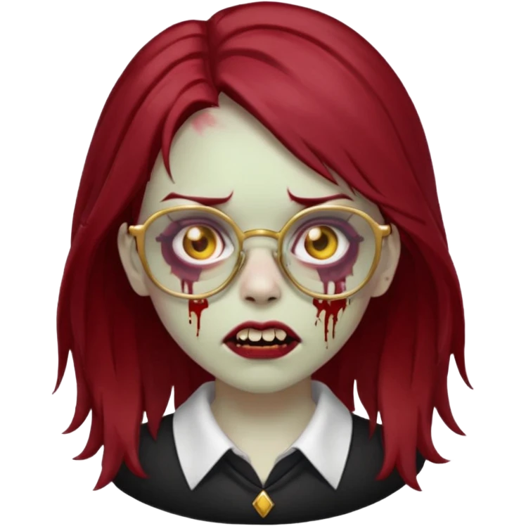 A zombie girl with dark red mid length  hair with golden grills and glasses emoji