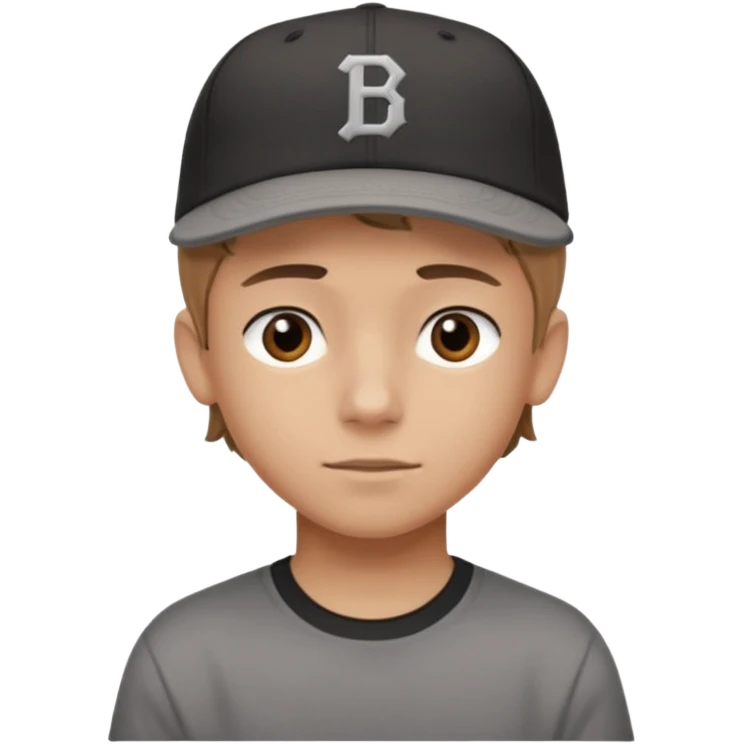 Create a teen boy wearing a faded black T-shirt. He will have light brown hair that is buzzed, tan skin, and dark brown eyes. He is wearing a gray baseball hat turned backwards. emoji