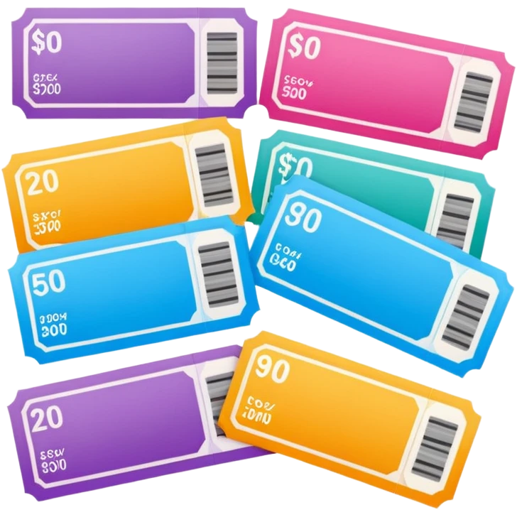 Create blank lottery coupons fanned out, clean and colorful, with different header colors and simple grid sections. No numbers, no text—just empty fields and a lottery-ticket layout. Bright, modern, and on a neutral background. emoji