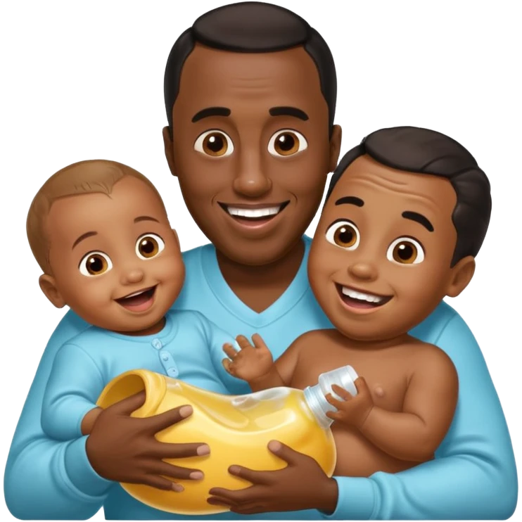 Sean “Diddy” Combs with baby oil and a very small infant and he’s pouring the baby oil on the infant that is laughing with a very exaggerated expression emoji