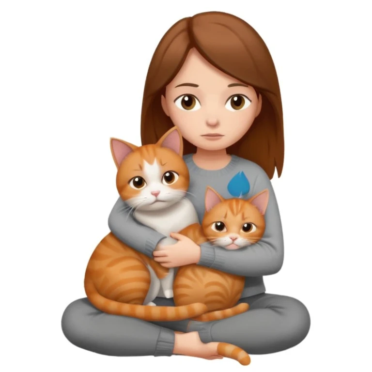 a sad brunette woman with straight hair sitting on the floor, holding a ginger cat in her lap emoji