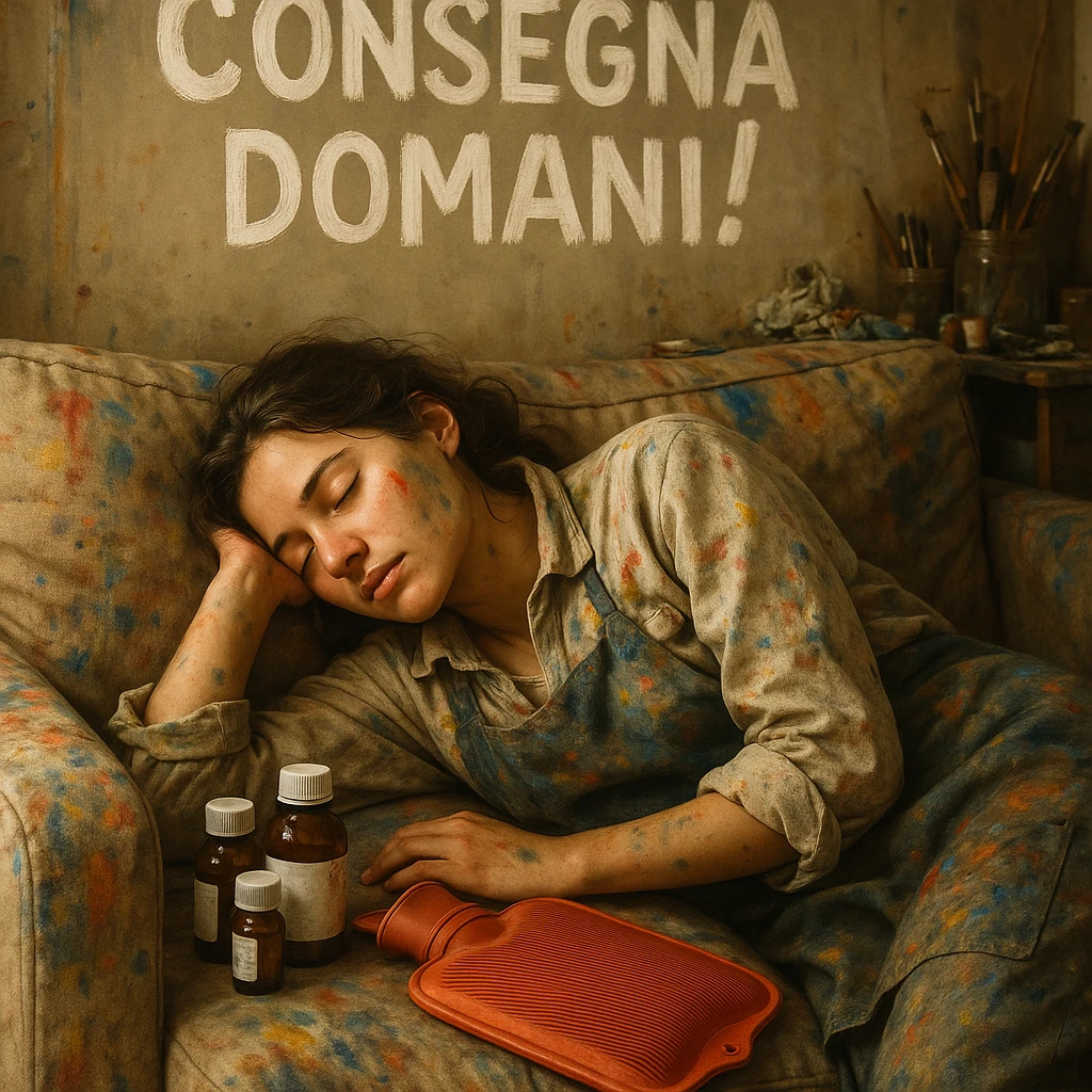 Young artist sleeping deeply on a paint-stained sofa, above her head the Italian text 'Consegna domani!', medicine bottles and hot water bottle next to her as supplies, chaotic and creative atmosphere, hyperrealistic 4K details, Italian text. emoji
