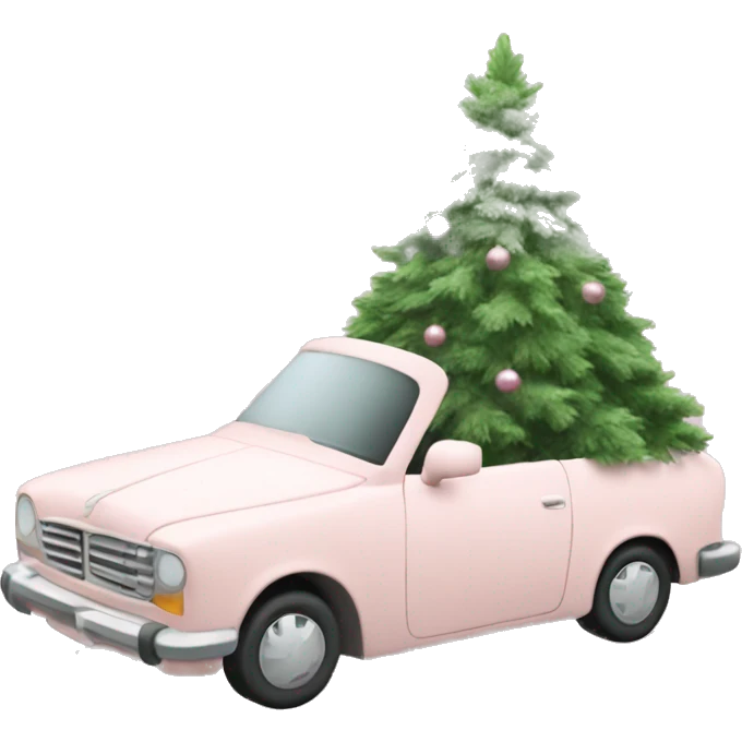 Pale Blush Pink car with a white bound christmas tree strapped to the top emoji