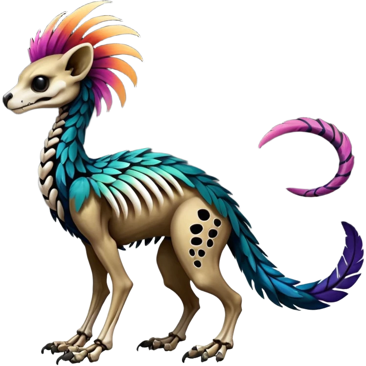 Rare colorful gradients colored realistic dark edgy glossy shiny tropical tribal patterned feathery skeletal badass epic pretty beautiful handsome gorgeous aesthetic colorful vibrant Vernid-Trico-species-Fakemon-creature by LiLaiRa, 4 legs, 1 tail, random markings, (full body) emoji