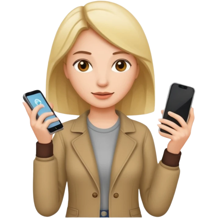 woman casual clothes holding one phone in one hand emoji