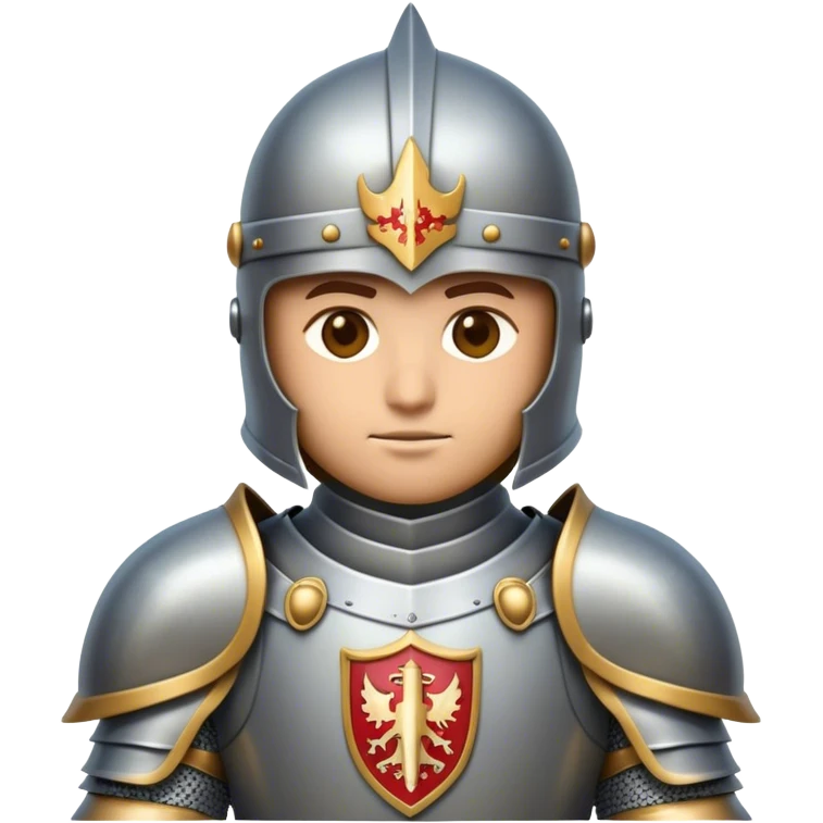 Clash of Clans aesthetic friendly Knight Portrait Emoji, With a noble, armored build featuring a gleaming suit adorned with intricate heraldry and a determined gaze behind a visored helm, his face rendered in a natural skin tone (not yellow), Simplified yet dynamic features, highly detailed, glowing with a cool, steely radiance, high shine, courageous and resolute, stylized with an air of chivalric valor, focused and stalwart, soft glowing outline, capturing the essence of a valiant knight ready to charge into epic quests with honor! emoji