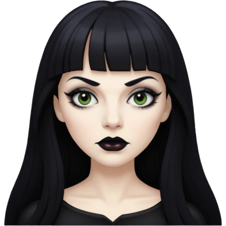 vampira mulher branca com cabelo preto longo com franja acima da sobrancelha e lábios com batom preto emoji