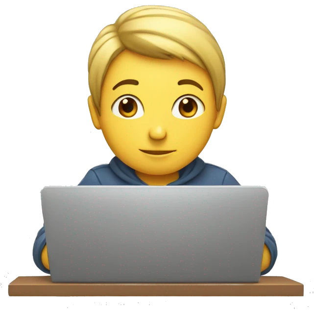 a boy sitting on a computer writting code emoji