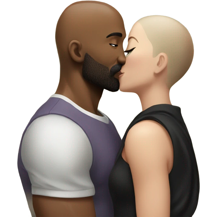 White brunette kissing muscular black bald man with beard emoji