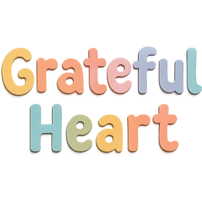 Cute hand-drawn font "Grateful Heart" in soft pastel rainbow soft puffy lettering, no outline, transparent background emoji