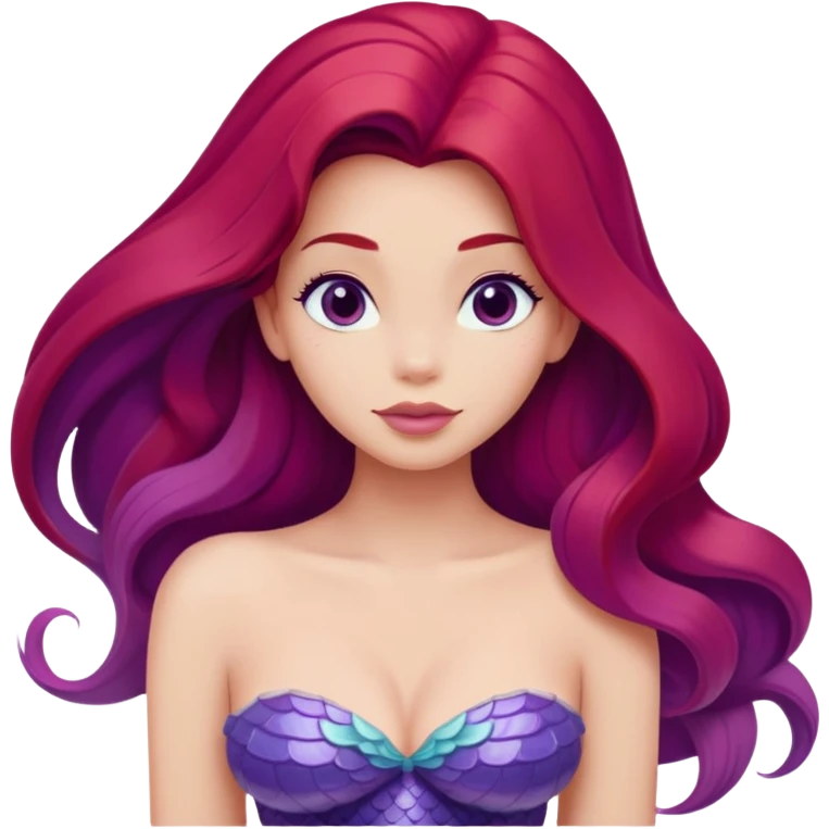 Ariel mermaid from waist up, purple seashell top, long red hair, minimal style but clearly recognizable emoji