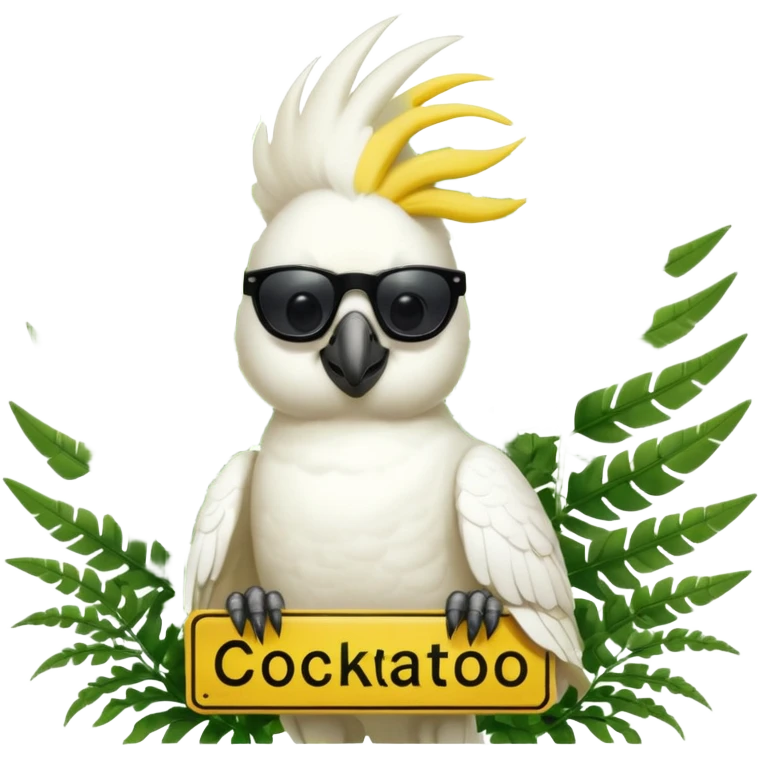sulfer crested cockatoo wearing sunglasses sitting in a green fern tree with an australian street sign saying 'cockatoo' emoji