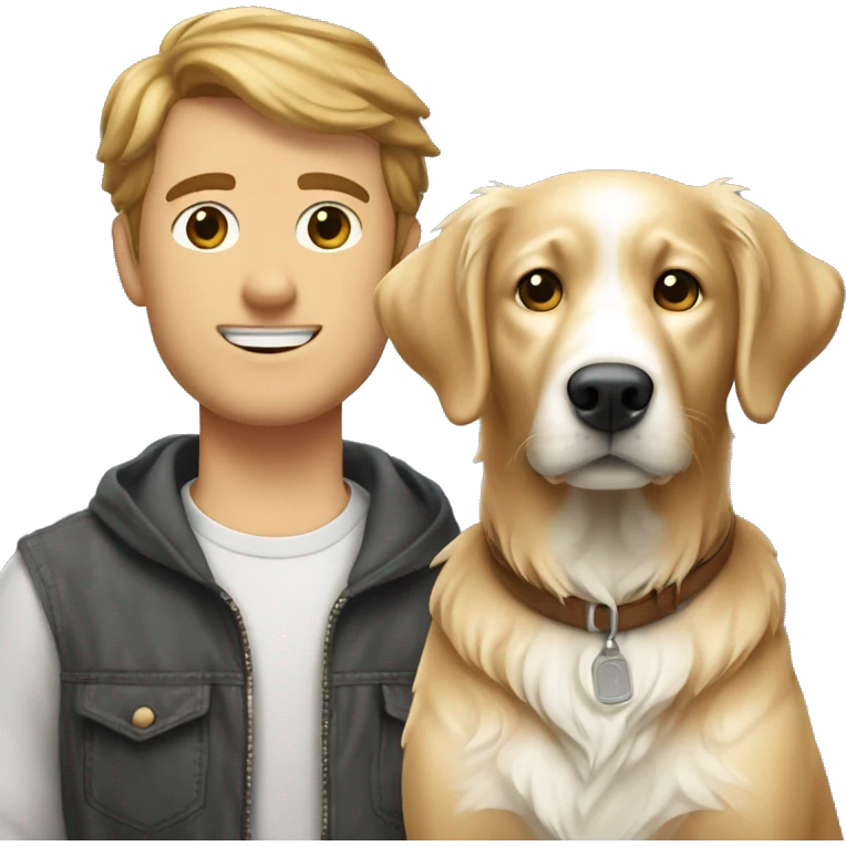 Two white men with brown hair with white golden retriever ￼ emoji