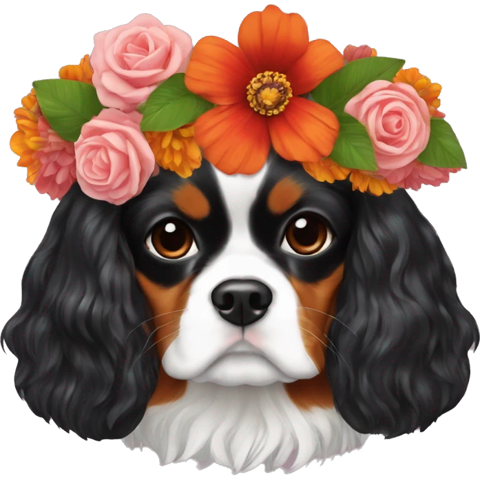 Give a flower crown to a cavalier king charles like frida kahlo emoji