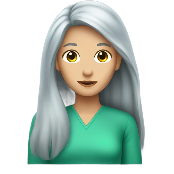 long Grey hair girl in blue with green emoji