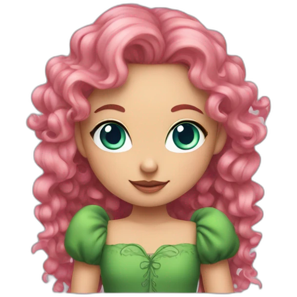 Girl with elf ears, long pink curly hair, blue eyes and green dress emoji