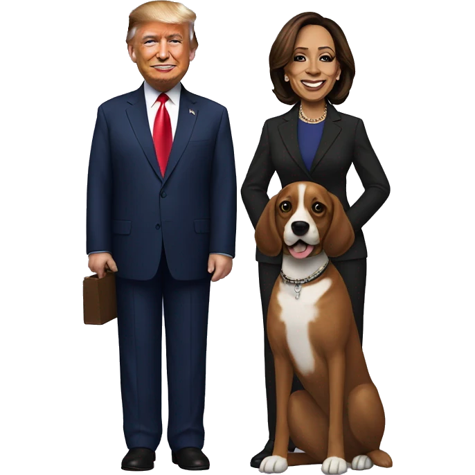 Donald Trump and Kamala Harris holding a dog emoji