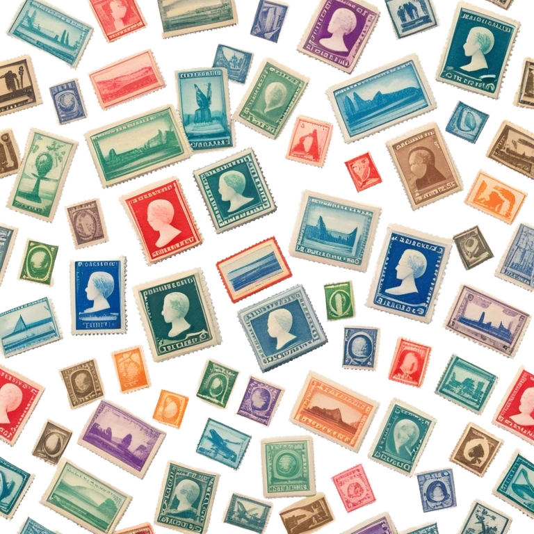 Icon for Stamp Collecting: a collection of vintage and colorful stamps arranged in an album or on a desk, with a large stamp block in the center showcasing different countries and themes. The icon should reflect the charm and history of philately. Transparent background. emoji