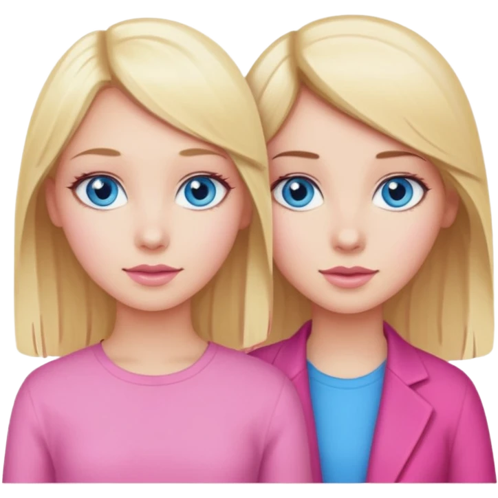 Blonde girl with blue eyes and Brunette haired girl with blue eyes wearing pink emoji