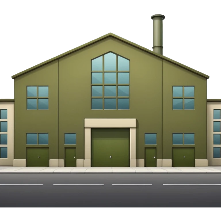 minimalistic industrial factory building, military olive green color, large windows, industrial doors, no smoke, visually appealing, no weapons, no vehicles, not a house emoji