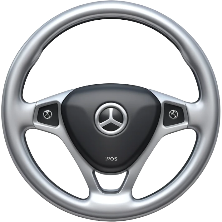 A futuristic steering wheel emoji made of silver chrome, minimal geometric design, smooth metallic surface, soft reflections, iOS emoji style, centered, clean white background emoji