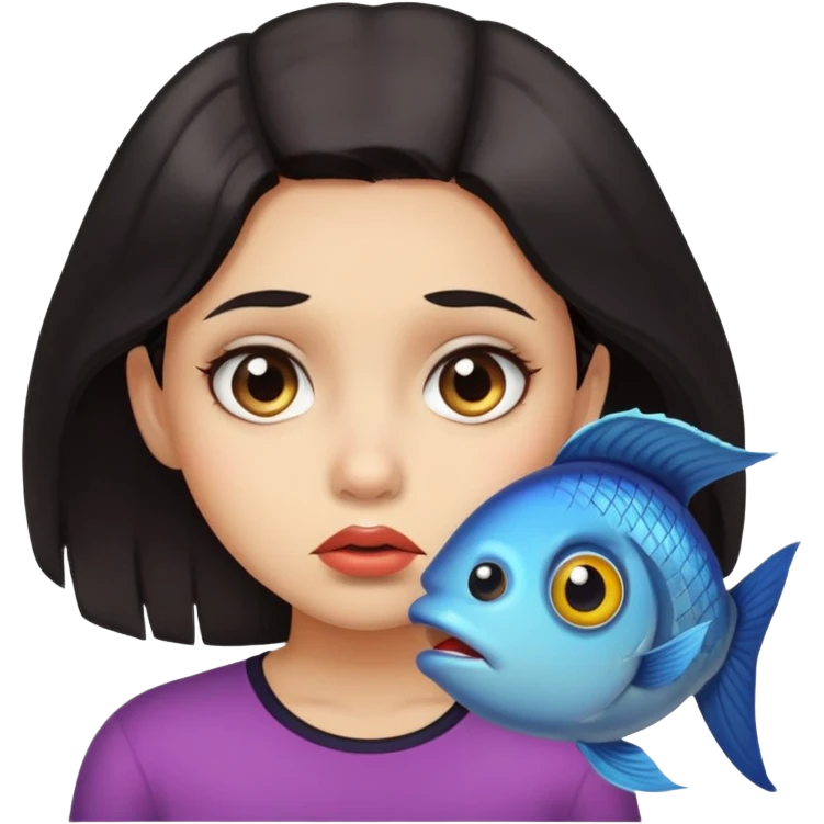 девушка с лицом рыбы, темные волосы и светлая кожа, вопросительное лицо emoji