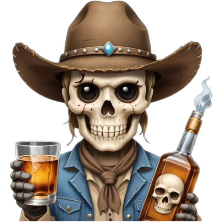 A rough and tumble cowboy with a 6 shooter and a bottle of whiskey. From the view of a bird looking down on the cowboy. Make the graphics dark and gritty in the style of your beeding skull art. Just a skull with a cowboy hat this rime emoji