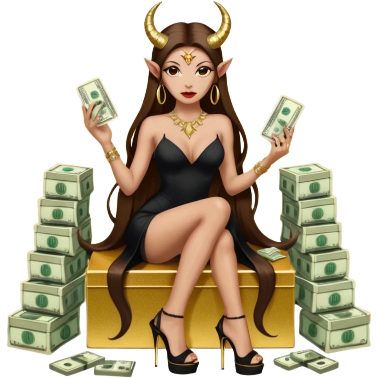 Sensual seductress long brown straight haired sexy drug lord woman with  glitter platform high heels on her feet,  and devil black horns on her head, holding a stack of cash, has a phone in other hand. Sitting on gold cases full of drugs, long black dress with sexy slit emoji